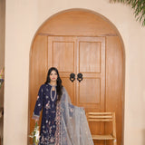 Elara Embroidered Navy Blue 3 Piece Suit